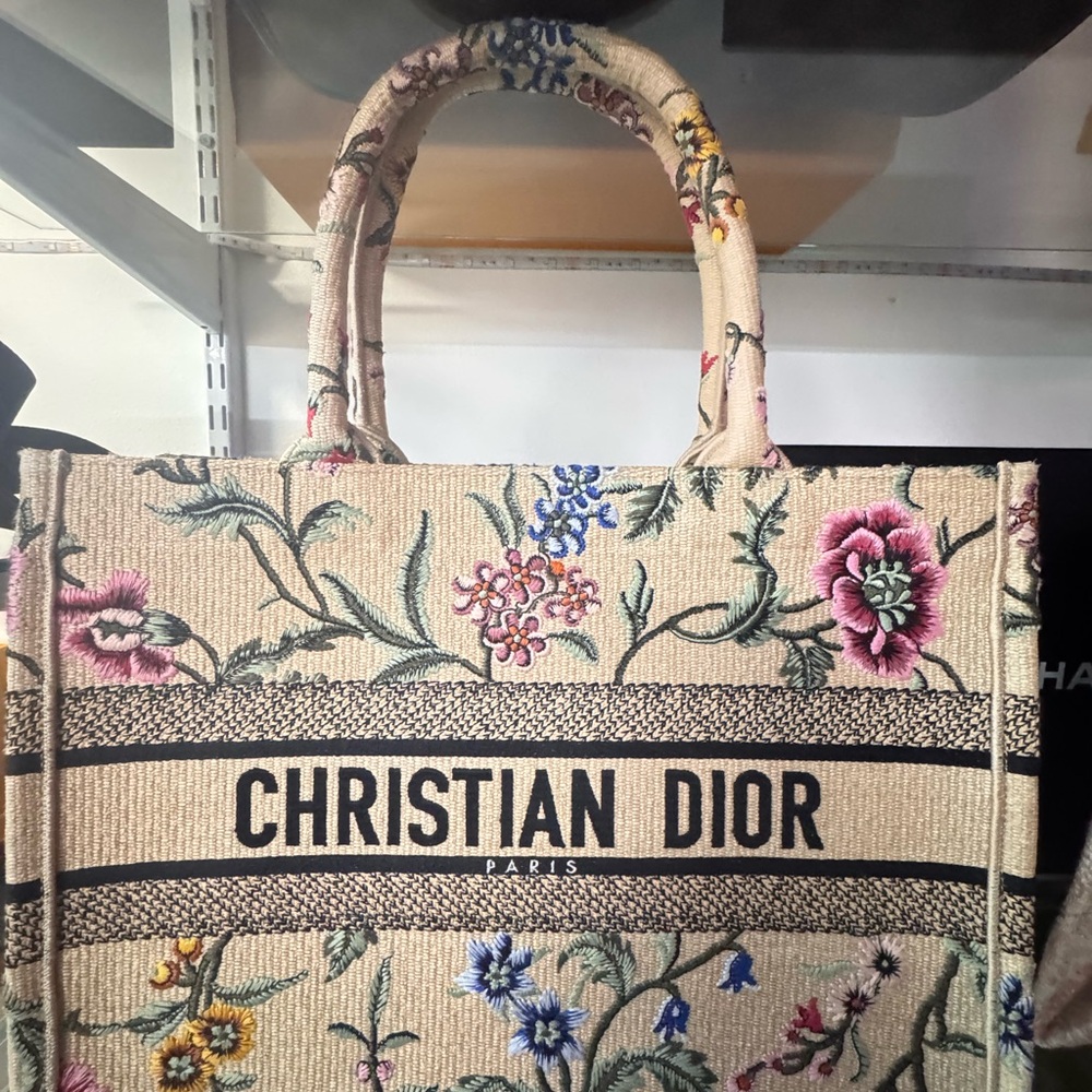 Dior Cream Floral Tote Bag with Bamboo Handle